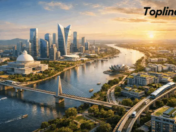 Amaravati city Andhra Pradesh capital with smart infrastructure, modern skyline and Krishna river