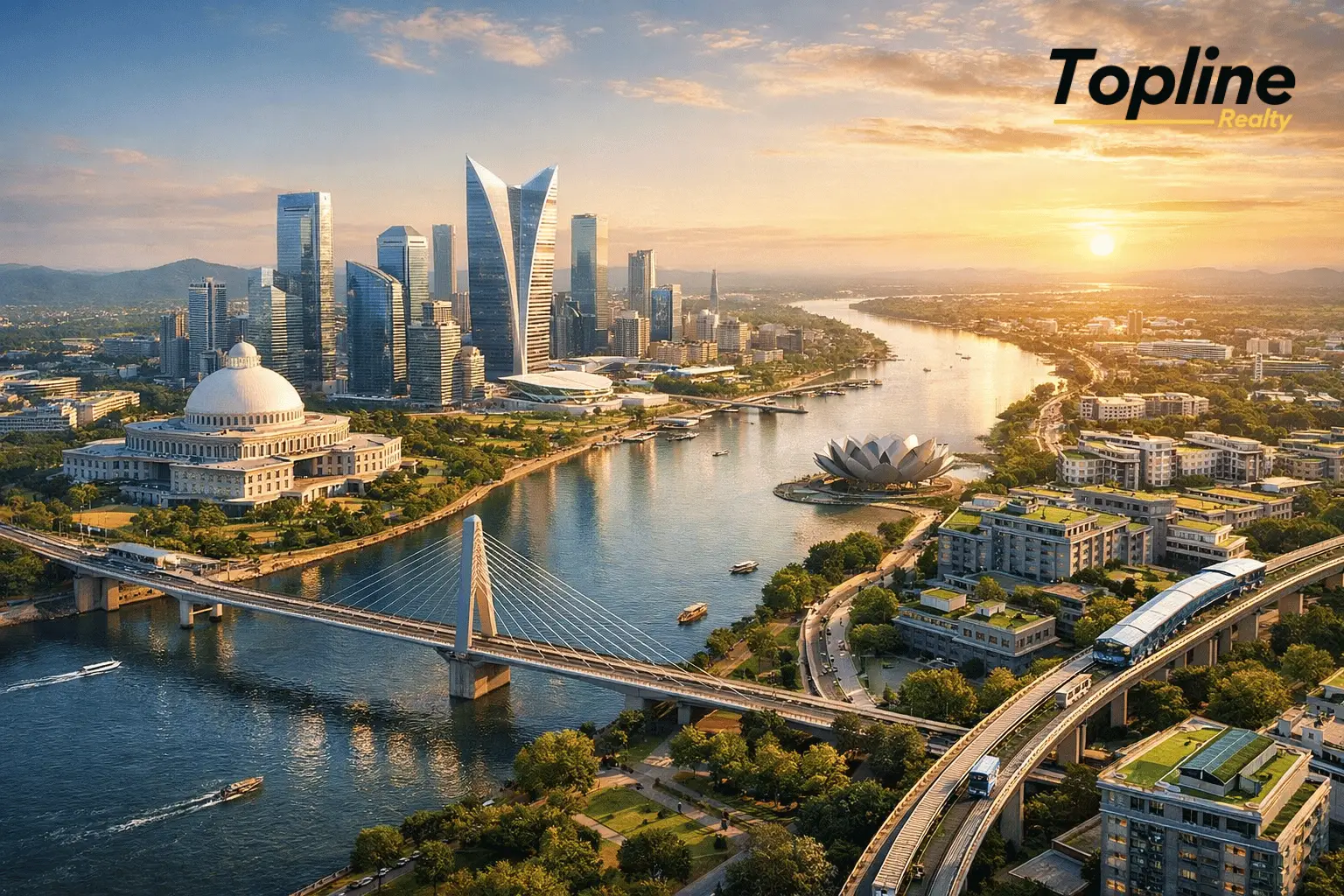 Amaravati city Andhra Pradesh capital with smart infrastructure, modern skyline and Krishna river